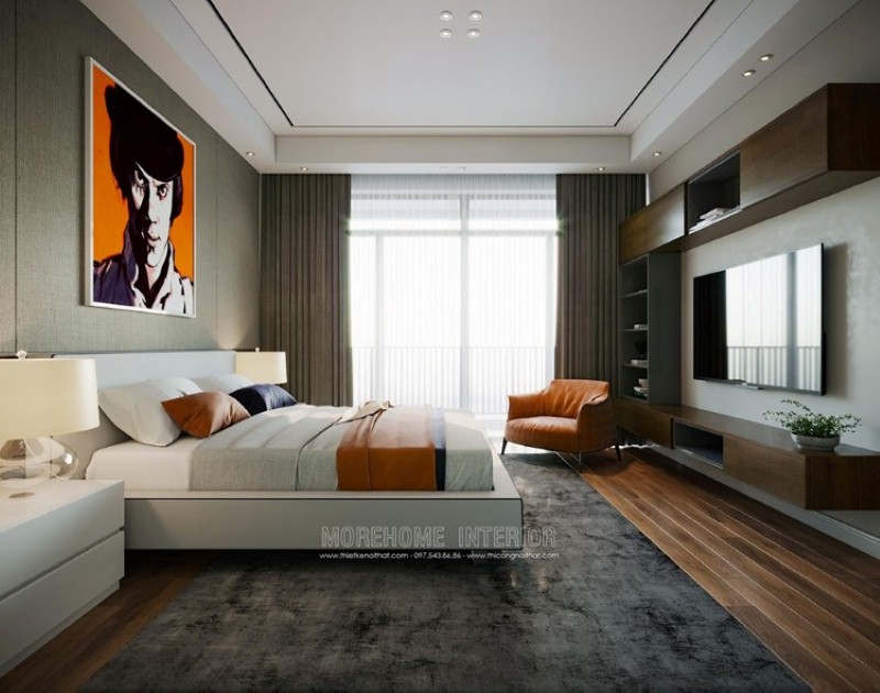 Thiết kế nội thất phòng ngủ hiện đại ấn tượng với điểm nhấn cam xen kẽ giữa 2 gam màu trắng, xám tương phản. thiết kế thi công nội thất cao cấp