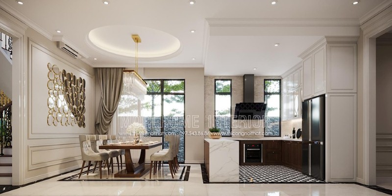 Bố trí nội thất mở sang trọng từ phòng ăn liền bếp không vách ngăn. thiết kế thi công nội thất cao cấp