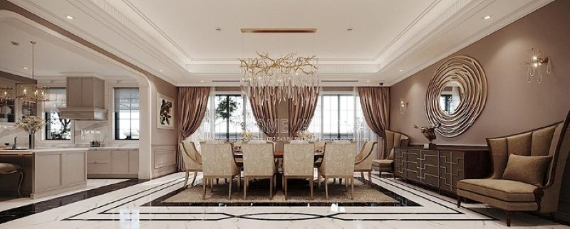 Bộ bộ bàn ăn 10 ghế đẹp, sang trọng tạo điểm nhấn sang trọng cho toàn bộ không gian. thiết kế thi công nội thất cao cấp
