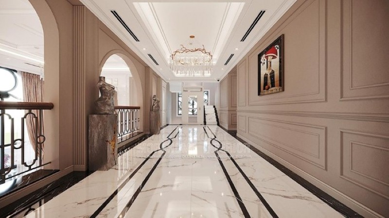 Ý tưởng thiết kế hành lang đẹp kết hợp độc đáo giữa đá lát nền, phào chỉ tường, đèn trang trí. công ty thiết kế nội thất cao cấp