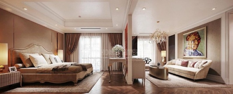 Thiết kế nội thất phòng ngủ master ấn tượng với sự phân tách thành phòng ngủ và phòng giải trí nhưng vẫn tạo nên sự thông thoáng, sang trọng. thiết kế thi công nội thất cao cấp