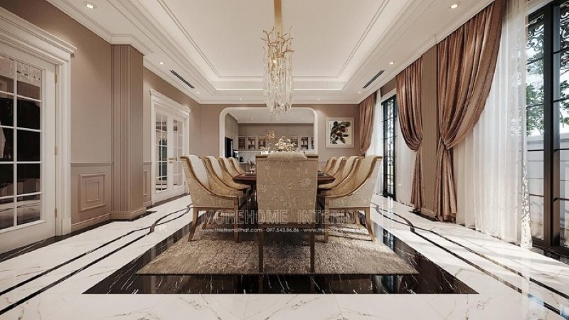 Trang trí nội thất phòng ăn đẹp ấn tượng với đồ nội thất cao cấp và cách phối màu khéo léo tạo nên vẻ đẹp tinh tế cho toàn bộ không gian. công ty thiết kế nội thất cao cấp