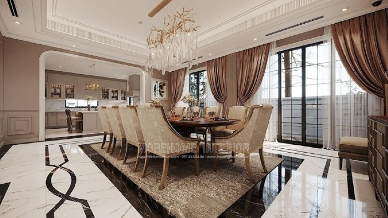 Sắp xếp nội thất phòng ăn liền bếp phong cách đương đại đẹp, sang trọng. công ty thiết kế nội thất cao cấp