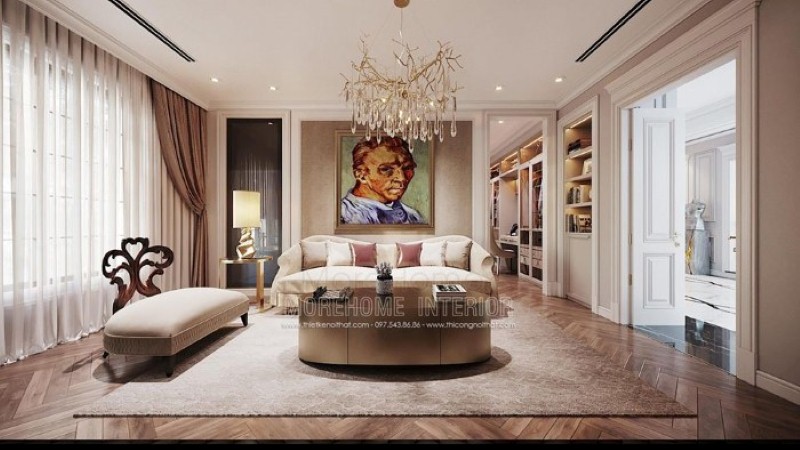 Bộ sofa đơn cao cấp cùng điểm nhấn tranh chân dung họa sĩ Van Gogh tuyệt đẹp đã tạo nên nét sang trọng, độc đáo cho phòng giải trí trong phòng ngủ. thiết kế thi công nội thất cao cấp