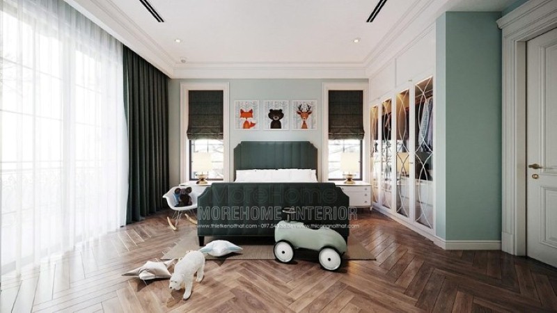 Giường ngủ bọc nệm màu xanh đẹp độc đáo cho phòng con. thiết kế thi công nội thất cao cấp