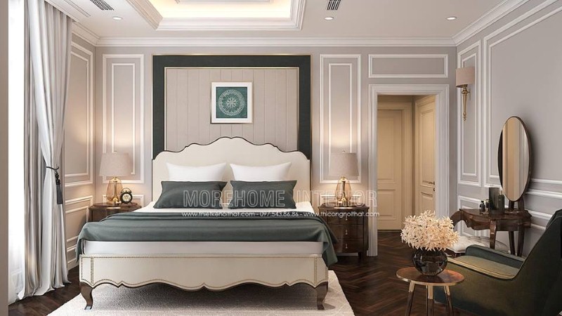 Sắp xếp nội thất phòng ngủ tân cổ điển sang trọng, quý phái. thiết kế thi công nội thất cao cấp