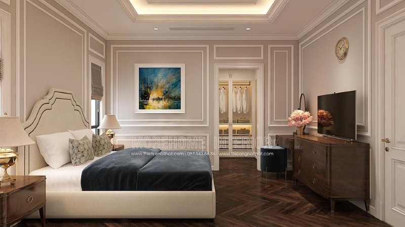 Sắp xếp nội thất phòng ngủ tân cổ điển có tủ quần áo khoa học, phong thủy. thiết kế thi công nội thất cao cấp