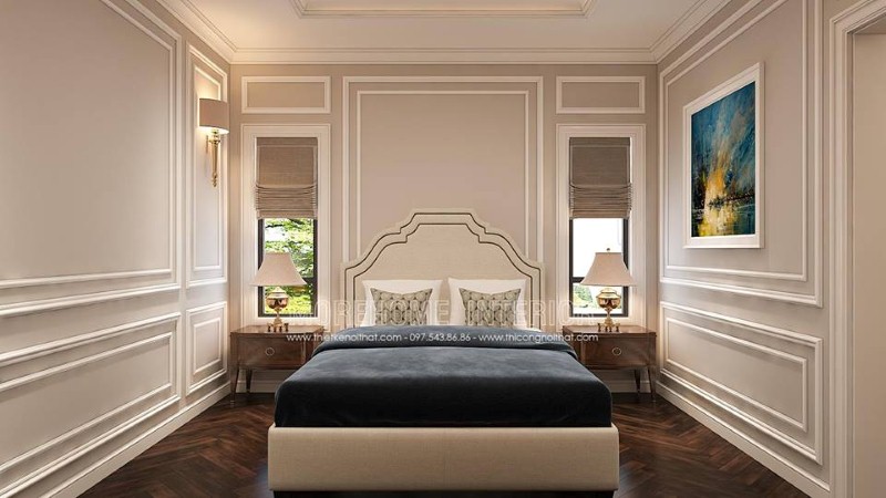 Trang trí nội thất phòng ngủ tân cổ điển sang trọng, thông thoáng với hệ cửa đầu giường giúp không gian luôn được thông thoáng. công ty thiết kế nội thất cao cấp