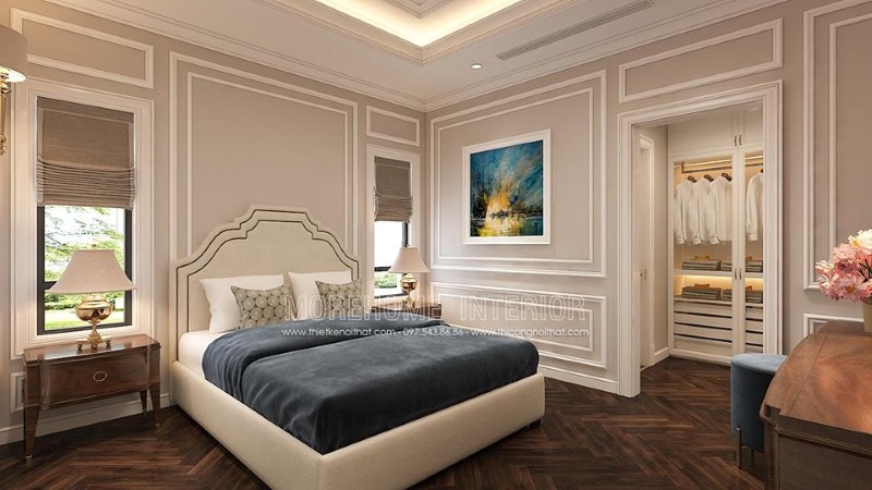 Trang trí nội thất phòng ngủ tân cổ điển có tủ quần áo đẹp, sang trọng. thiết kế thi công nội thất cao cấp