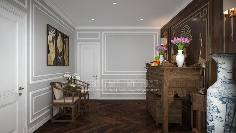 Trang trí nội thất phòng thờ đẹp, trang trọng hợp phong thủy từ nội thất gỗ óc chó cao cấp. thiết kế thi công nội thất cao cấp