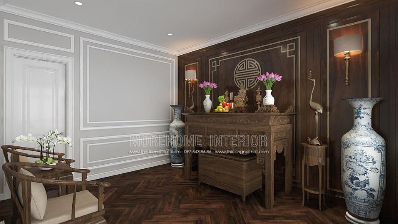 Sắp xếp phòng thờ gỗ óc chó đẹp cho nhà chung cư cao cấp, nhà phố, biệt thự. thiết kế thi công nội thất cao cấp