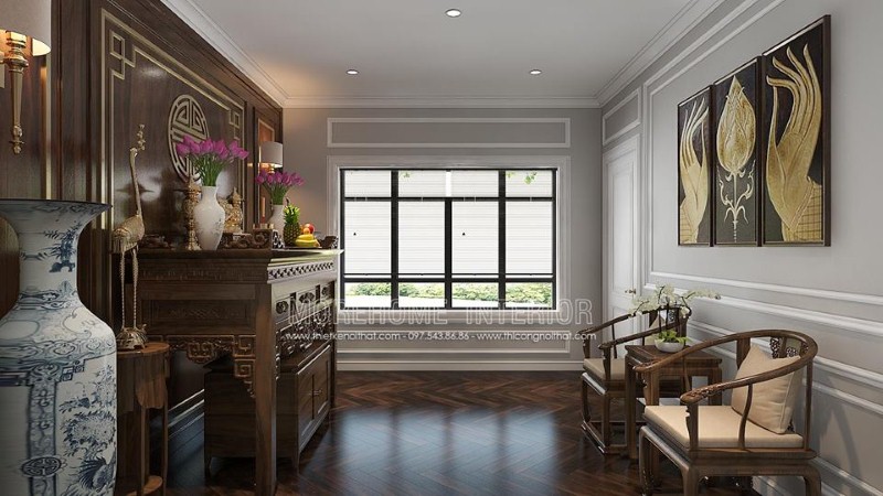 Thiết kế nội thất gỗ cao cấp cùng cách phối màu, trang trí tạo nên vẻ đẹp trang nghiệm, sang trọng cho phòng thờ. công ty thiết kế nội thất cao cấp