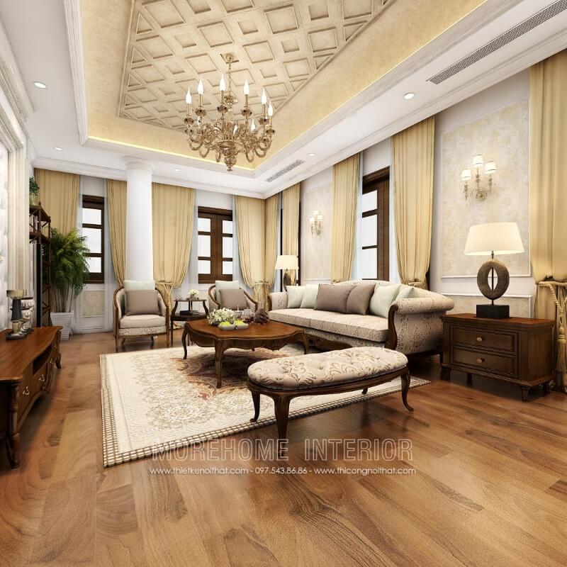 Sofa tân cổ điển gỗ tự nhiên óc chó bọc nỉ hoa văn cao cấp kết hợp cùng bàn trà, kệ ti vi, tab tạo nên tổng thể phòng khách hoàn chỉnh Mẫu sofa tân cổ điển bọc vải đẹp, ấn tượng và sang trọng