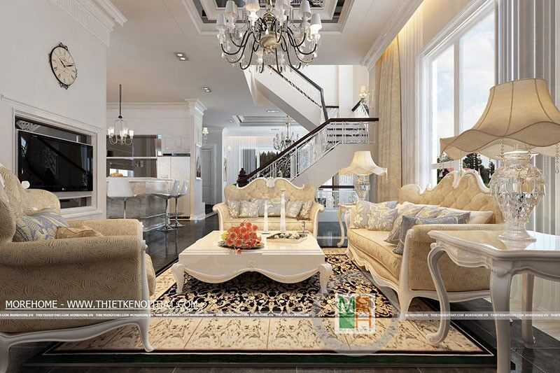 Mẫu sofa phòng khách tone màu vàng với họa tiết tân cổ điển, cùng đường cong ở thân ghế tinh tế là điểm nhấn cho không gian phòng khách Mẫu sofa tân cổ điển bọc vải đẹp, ấn tượng và sang trọng