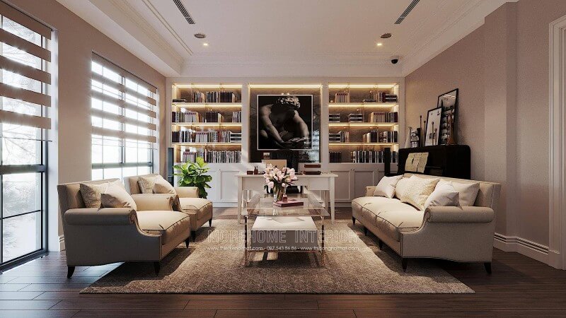 Sofa vải tân cổ điển đẹp nhẹ nhàng cho không gian nội thất phòng làm việc tại nhà ở biệt thự hà nội Sofa tân cổ điển bọc vải cao cấp