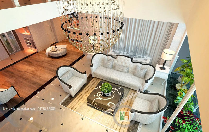 Thiết kế phòng khách sang trọng với nội thất sofa bọc nỉ tân cổ điển với đường cong nhẹ nhàng ở thân ghế tạo điểm nhấn ấn tượng Sofa tân cổ điển bọc vải cao cấp