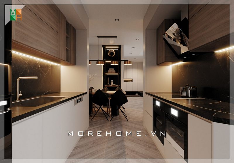 Mẫu thiết kế phòng bếp với nội thất gỗ công nghiệp kiểu dáng hiện đại sang trọng, phù hợp với các căn hộ có diện tích vừa và nhỏ.